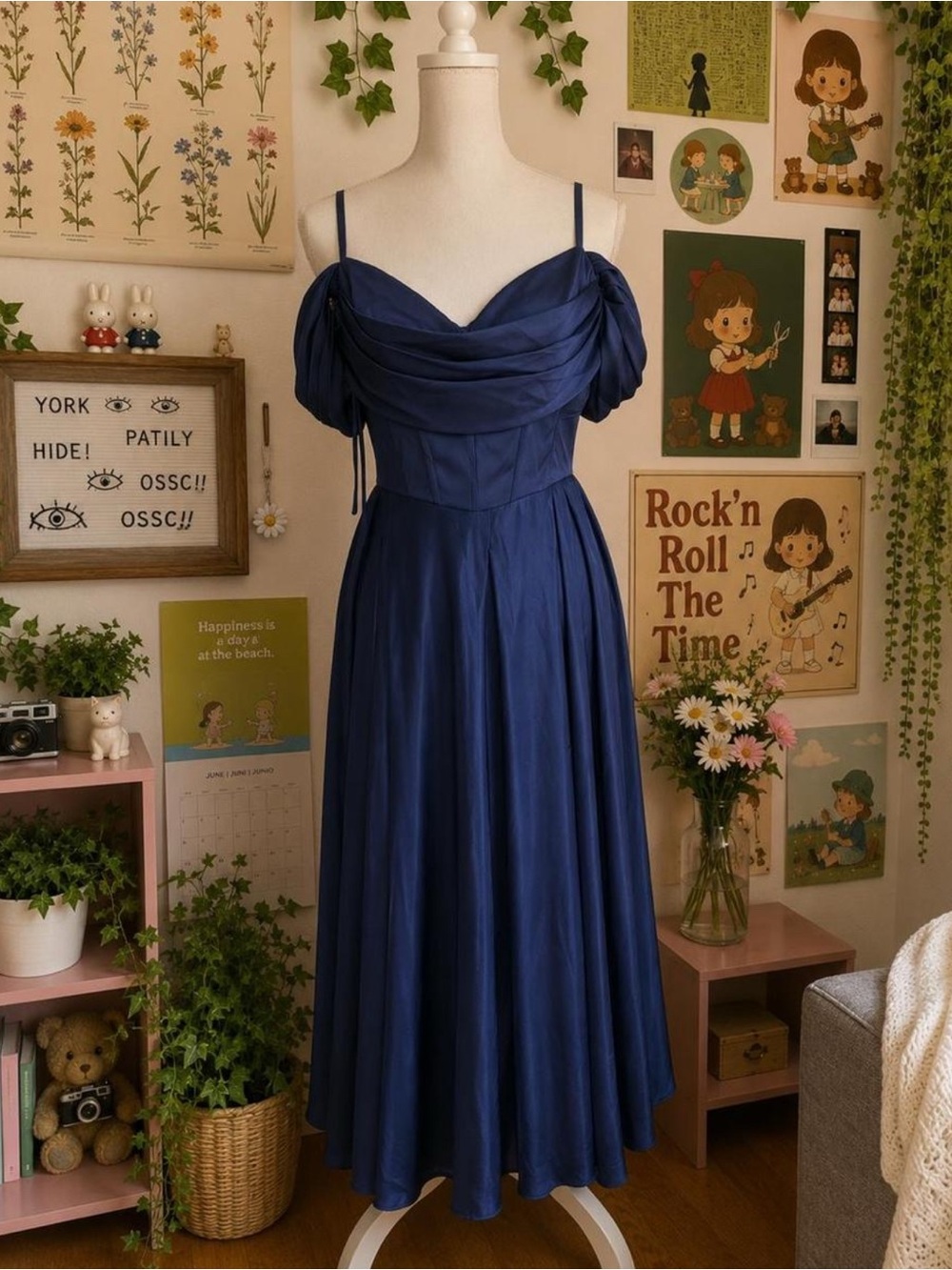 Vintage-Inspired Navy Blue Off-Shoulder Midi Dress